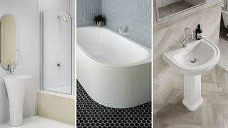 Compilation image of three bathrooms showing the curved bathroom trend 2024 with a sink, bath, shower screen and mirror