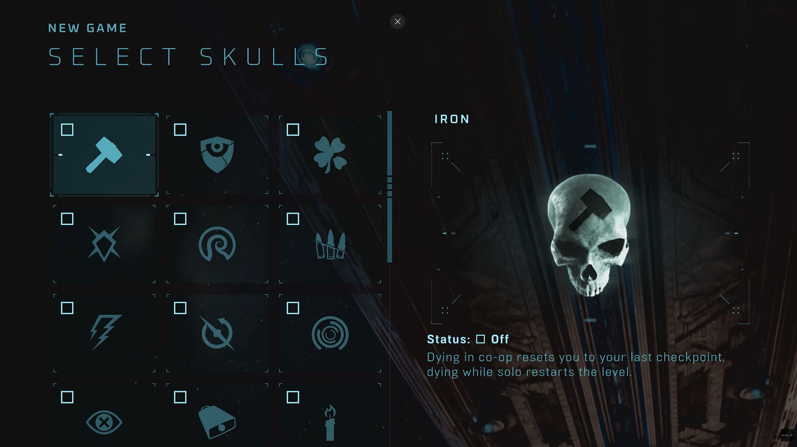 Halo: Campaign Evolved skull selection menu showing the Iron Skull highlighted, with a grid of unlockable skull modifiers and their gameplay effects displayed.