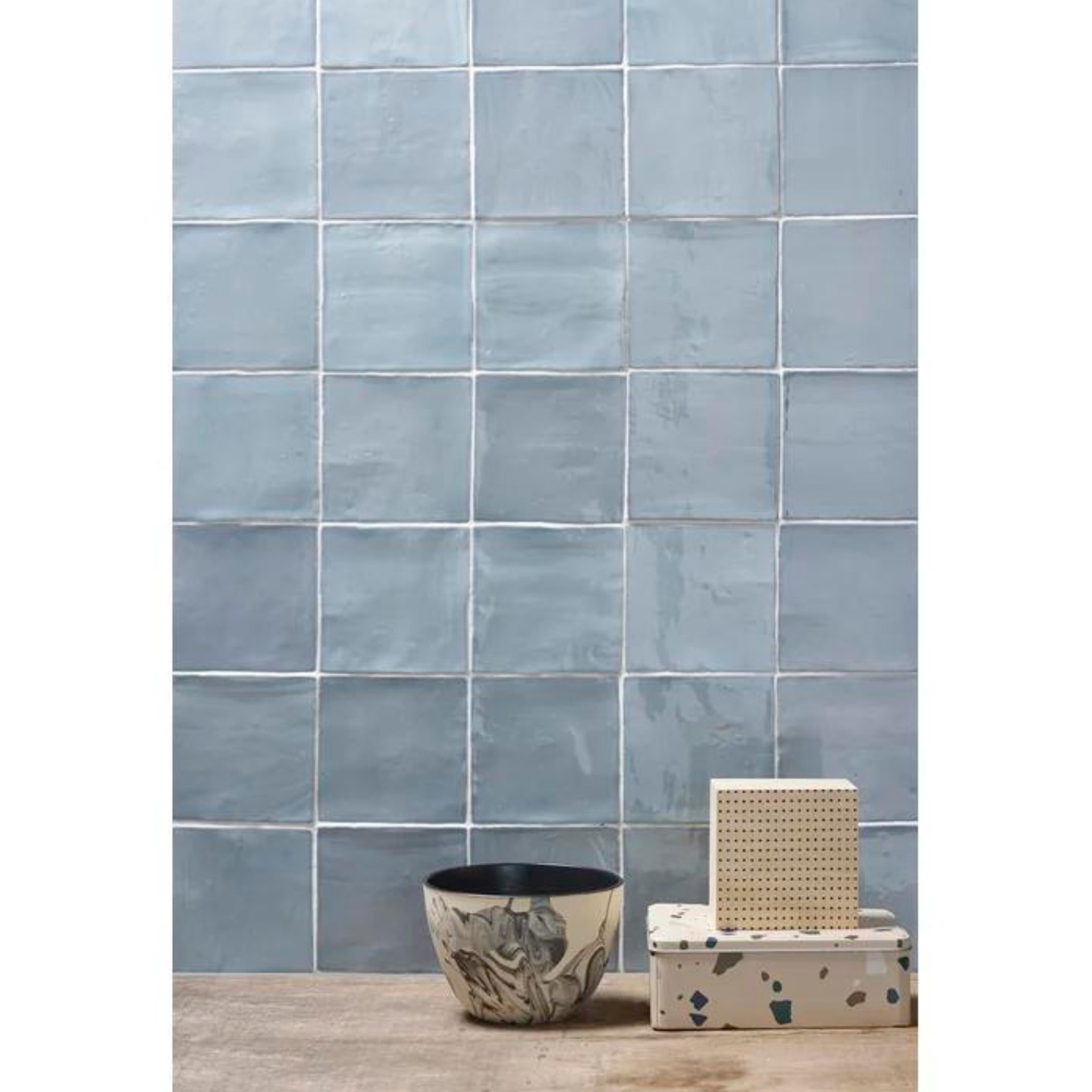 A wall of blue Zellige tiles from Wayfair.