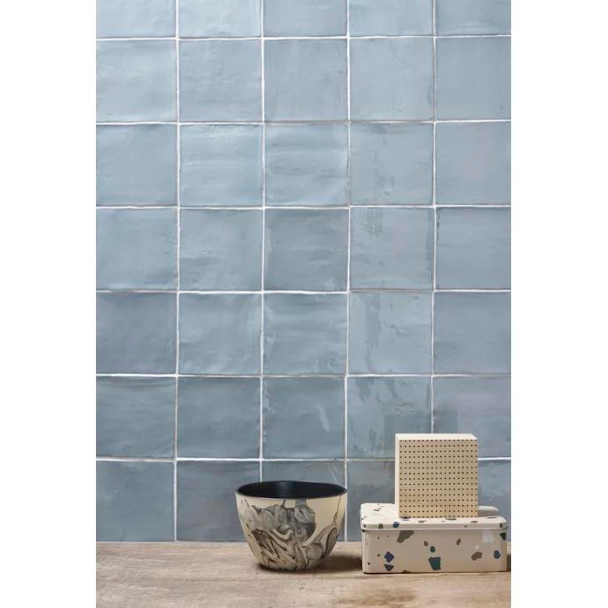 A wall of blue Zellige tile from Wayfair.
