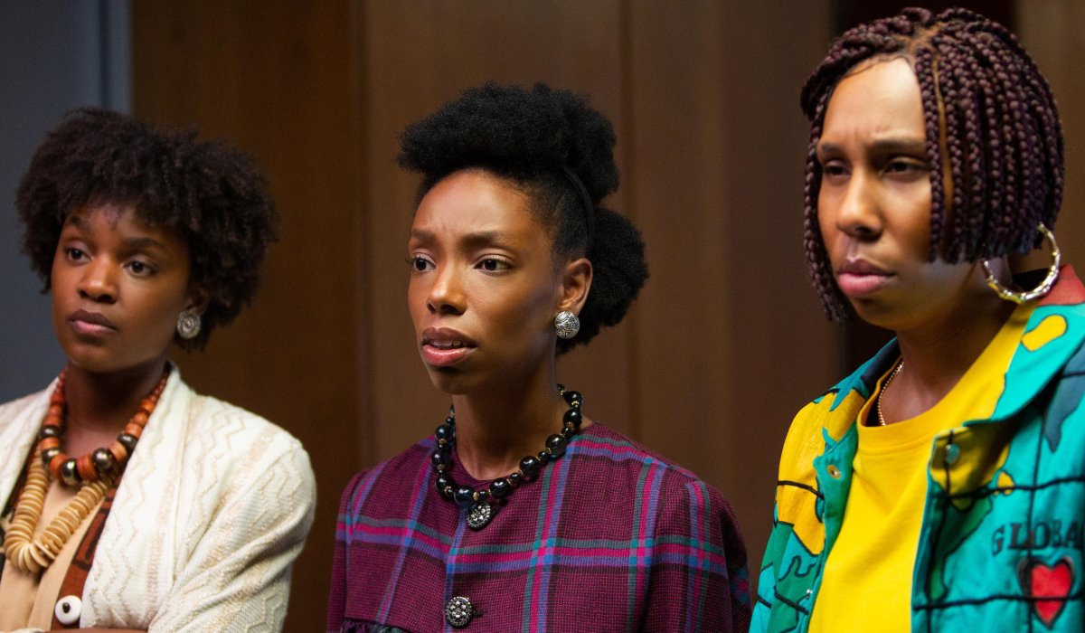 Bad Hair three ladies looking intrigued in the office