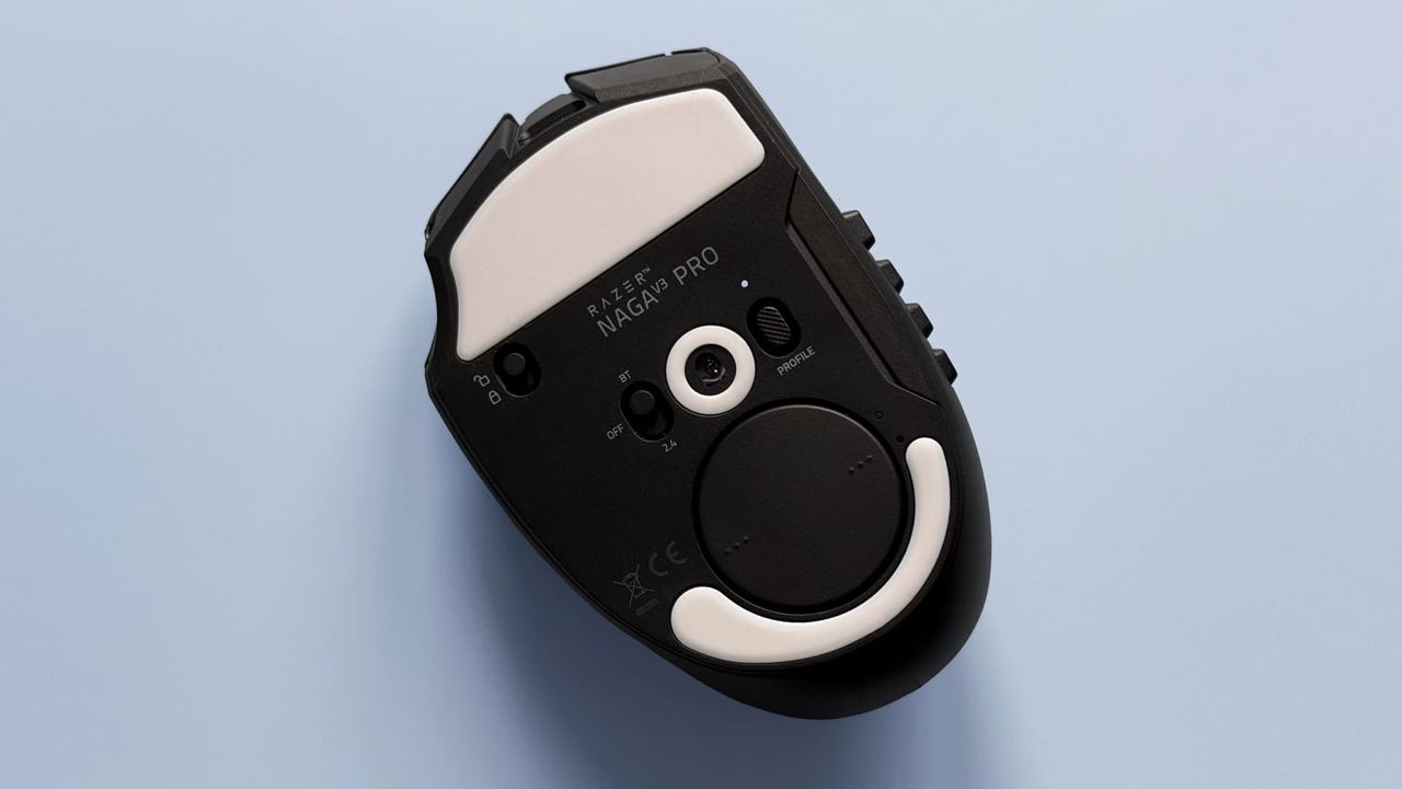 The Razer Naga V3 Pro mouse against a blue background.