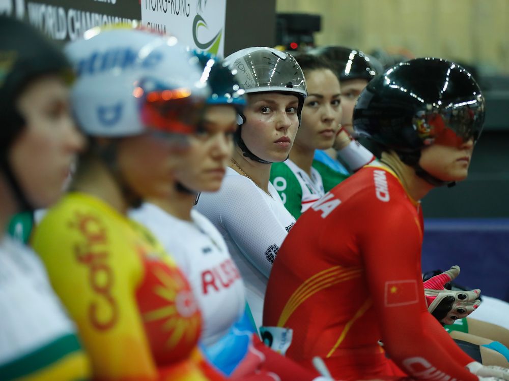 Cyclists wait to compete at Women's Keirin, First Round Repechages on Day 5 in 2017 UCI Track Cycling World Championships