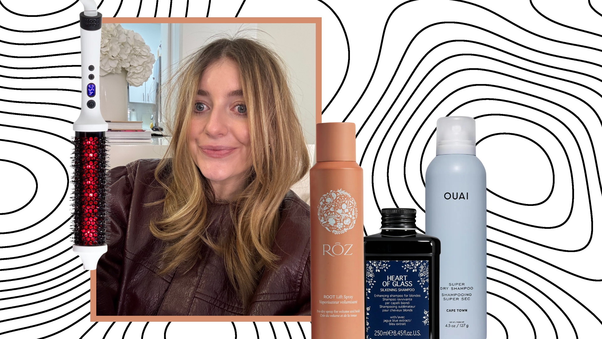 samantha holender on a graphic background surrounded by hair products
