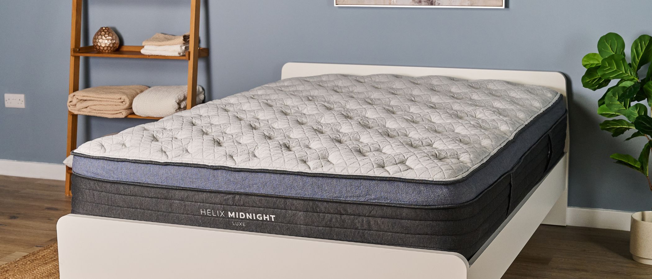 The image shows the Helix Midnight mattress photographed on a white wooden bedframe in a blue bedroom surrounded by tall green house plants and a bookcase shelving unit containing pillows, blankets and books
