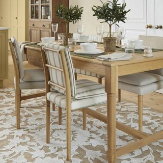 A dining room with a set table and dining chairs with detachable seat and back cushions