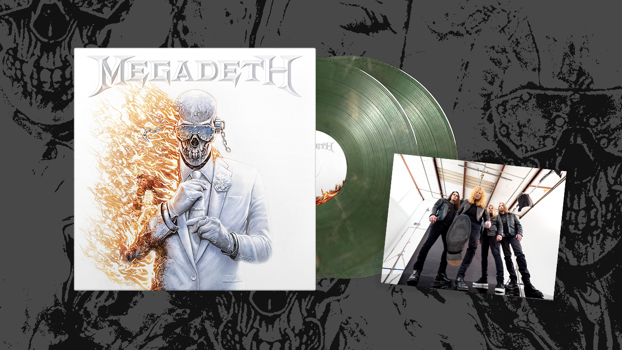 Megadeth vinyl next to an artcard featuring the band members
