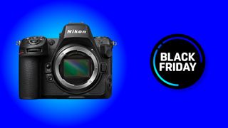 The Nikon Z8 body on a blue background with a Black Friday badge