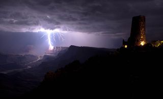 Lightning striking South Rim of Grand Canyon