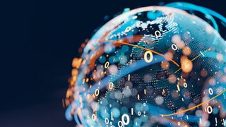 A digital representation of the globe in blue with binary numbers around it