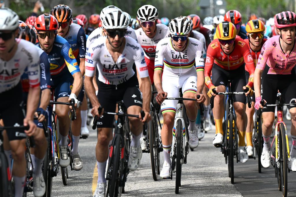 COMO ITALY OCTOBER 12 LR Tadej Pogacar of Slovenia and UAE Team Emirates Andreas Leknessund of Norway and Team UnoX Mobility and Archie Ryan of Ireland and Team EF Education EasyPost compete during the 118th Il Lombardia 2024 a 255km one day race from Bergamo to Como UCIWT on October 12 2024 in Como Italy Photo by Tim de WaeleGetty Images