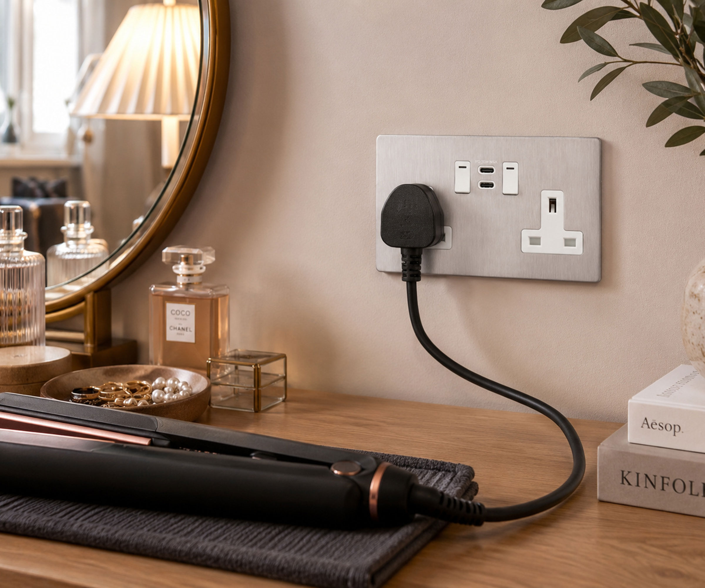 brushed chrome usb socket in bedroom
