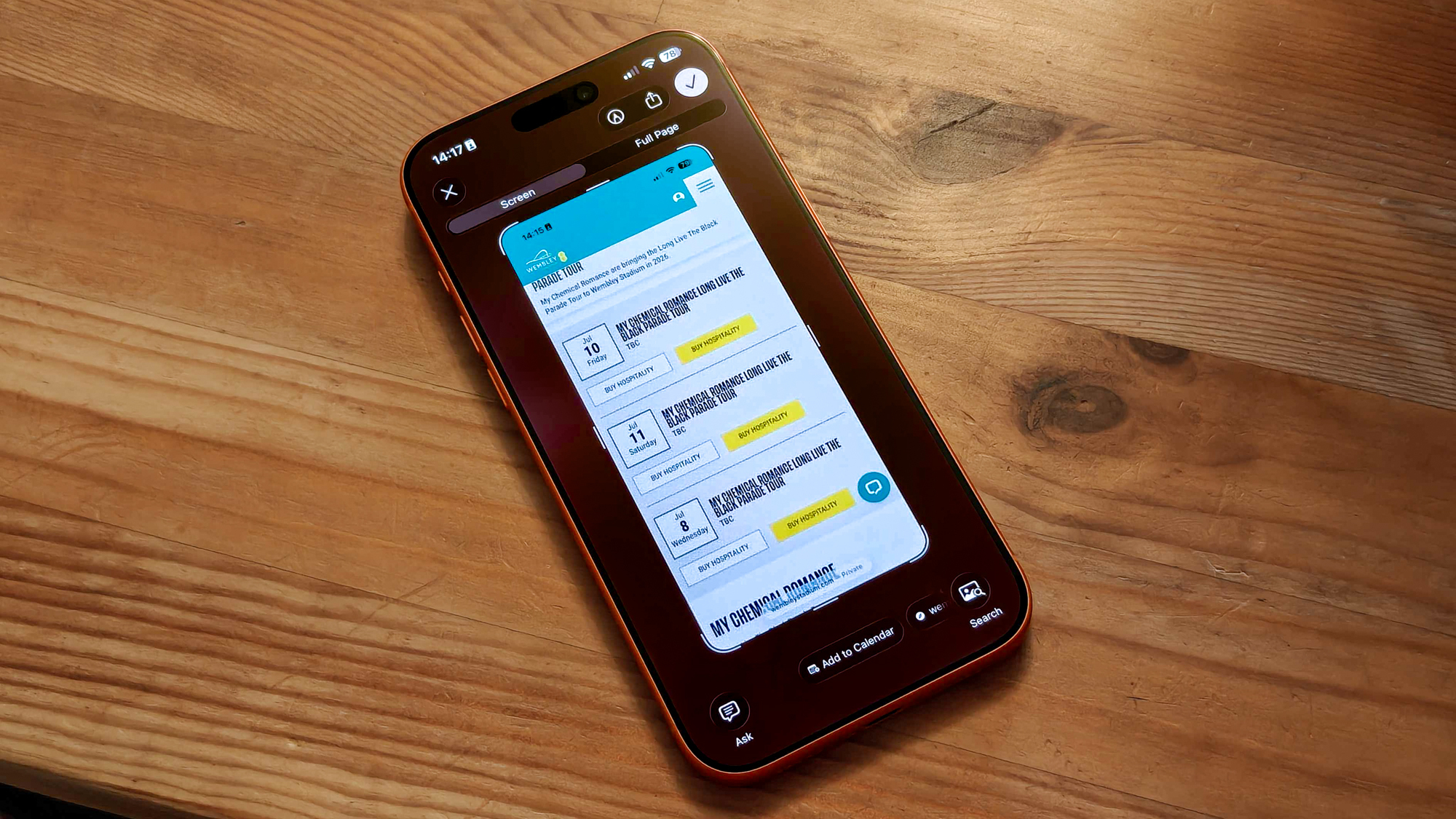 iPhone 17 Pro Max with a screenshot of MCR's London tour dates
