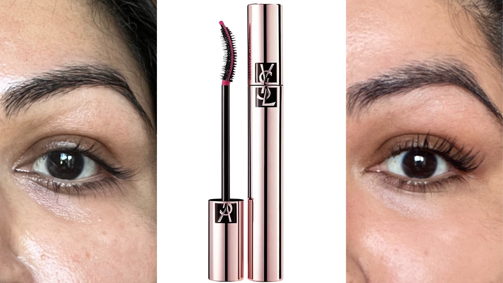 Before applying the mascara on the left, the YSL The Curler mascara in the middle and after applying the mascara on the right