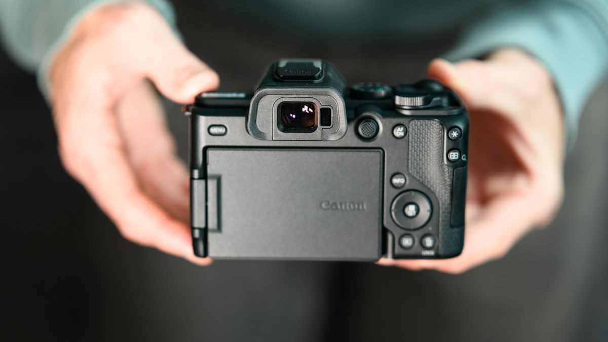 Rear of the Canon EOS R8 Mark II, in user's hands
