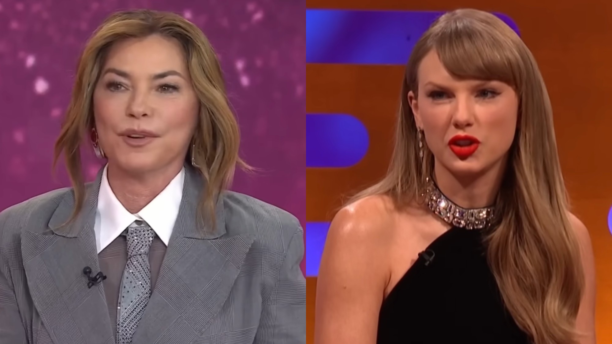 From L to R: Shania Twain on TODAY with Jenna and Sheinelle, Taylor Swift on The Graham Norton Show.