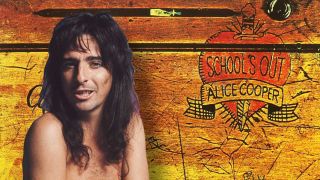 Alice Cooper in front of the cover artework for his School's Out album