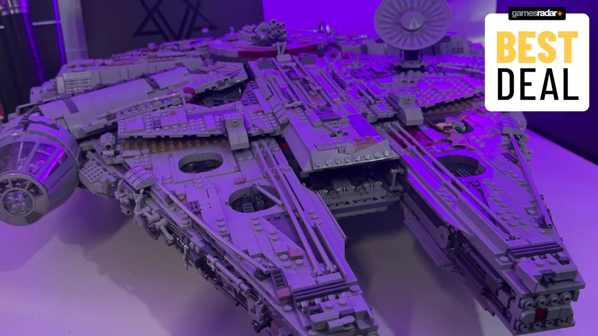 Lego UCS Millennium Falcon set on a table, bathed in purple light, with a &#039;best deal&#039; badge in the upper right-hand corner of the frame