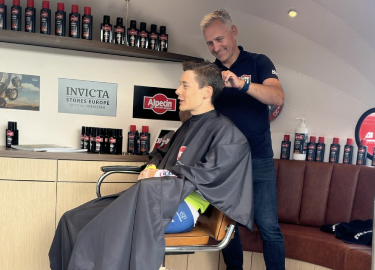 Rune Herregodts (Intermarch&eacute;-Wanty) gets a haircut in the hot seat, where he sat for more than an hour and secured the ITT win