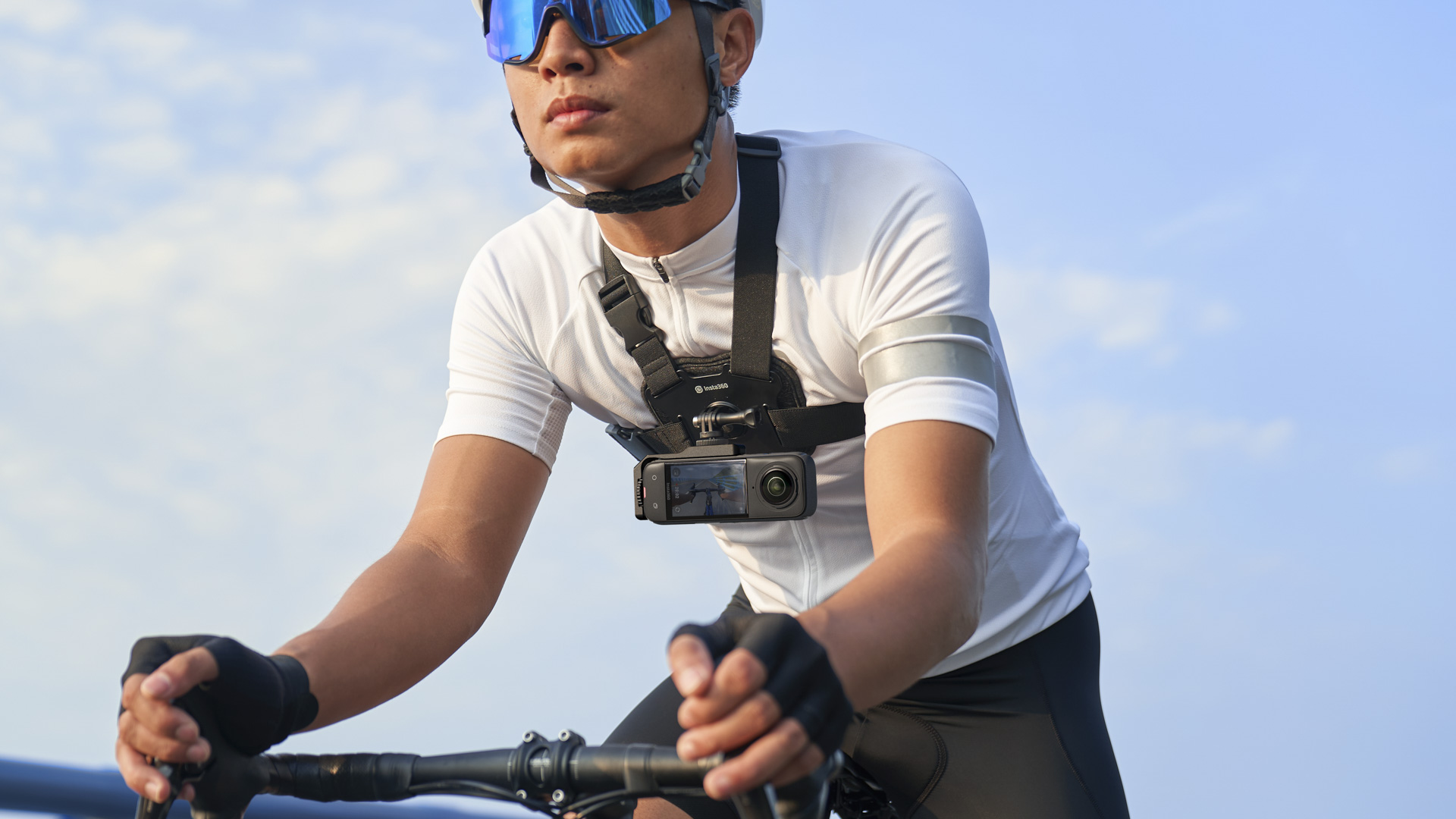 Insta360 X4 360 degree camera on a off-road biking chest harness