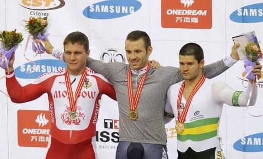 Men's keirin podium (l-r): Sergei Borisov (Moscow Track Team), 2nd; Francois Pervis (France), 1st; Andrew Taylor (Australia), 3rd