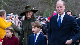 Princess Charlotte, Catherine, Princess of Wales, Prince George and Prince William, Prince of Wales attend the Christmas Day service