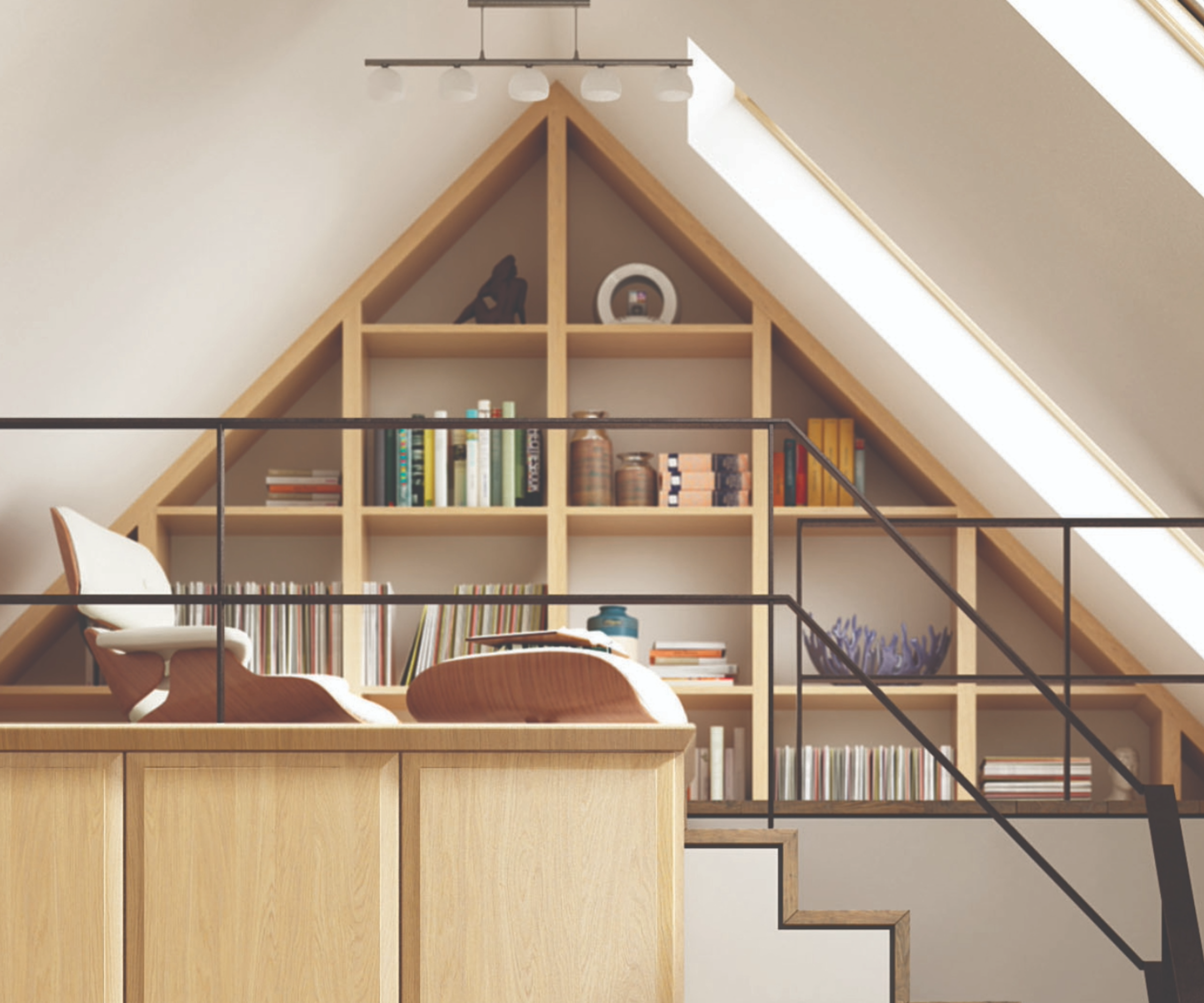 Built in storage idea where storage has been built around a sloped roof