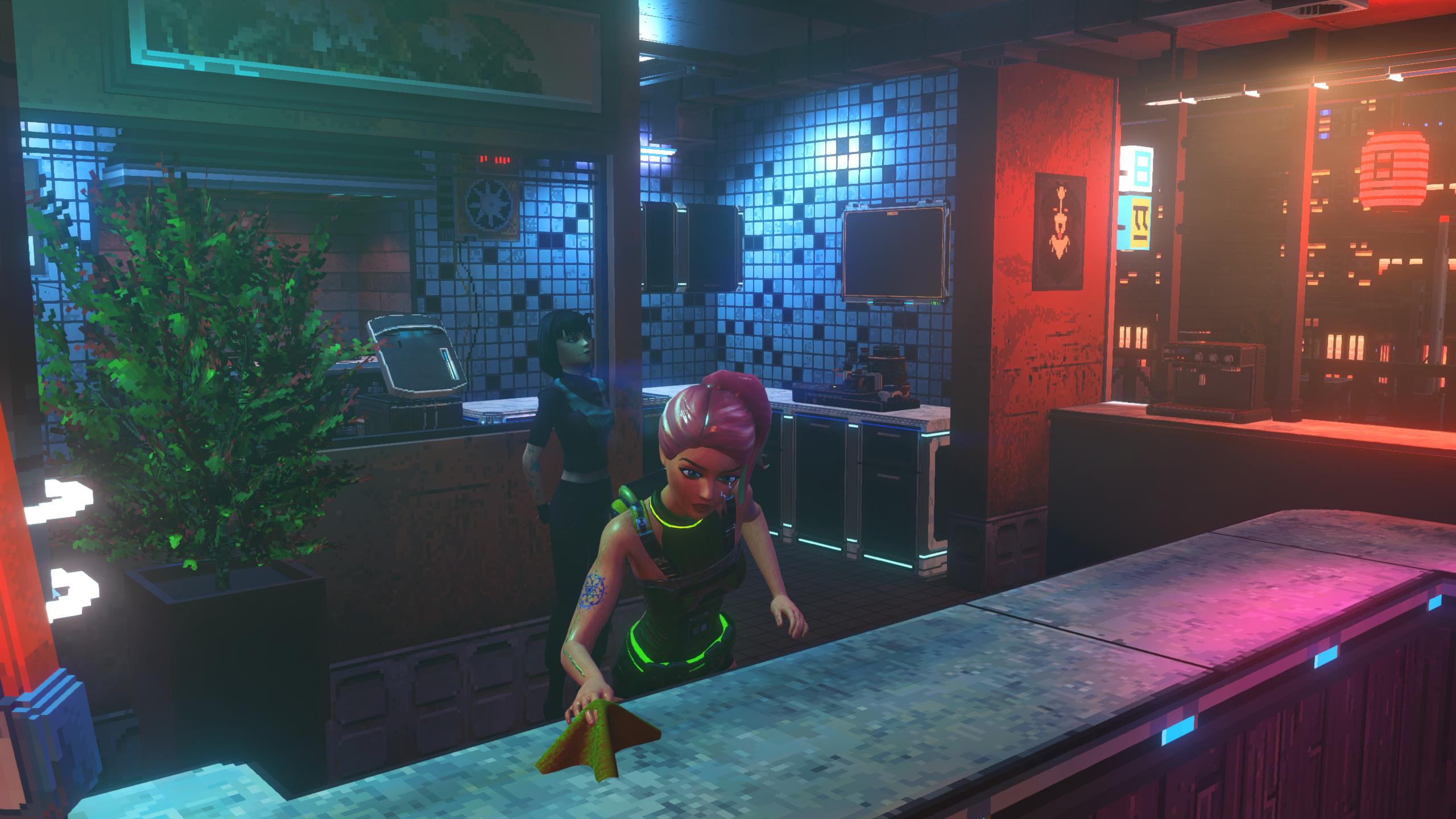 Nivalis Nights - A waitress wipes a bar at Ramen Noir with a potted plant in the background.