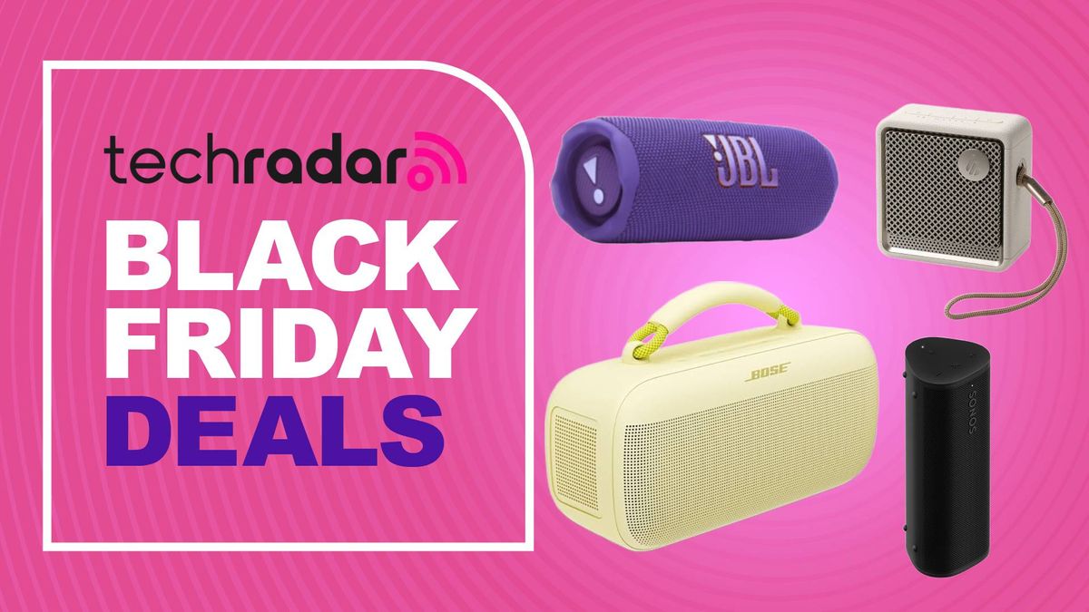 Bose SoundLink Max, Edifier ES20, JBL Flip 7, and Sonos Roam 2 on pink background with words &#039;TechRadar: Black Friday deals&#039;