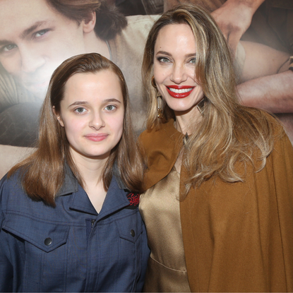 Vivienne Jolie-Pitt and Angelina Jolie attend the opening night of "The Outsiders" at The Bernard B. Jacobs Theatre on April 11, 2024 in New York City.