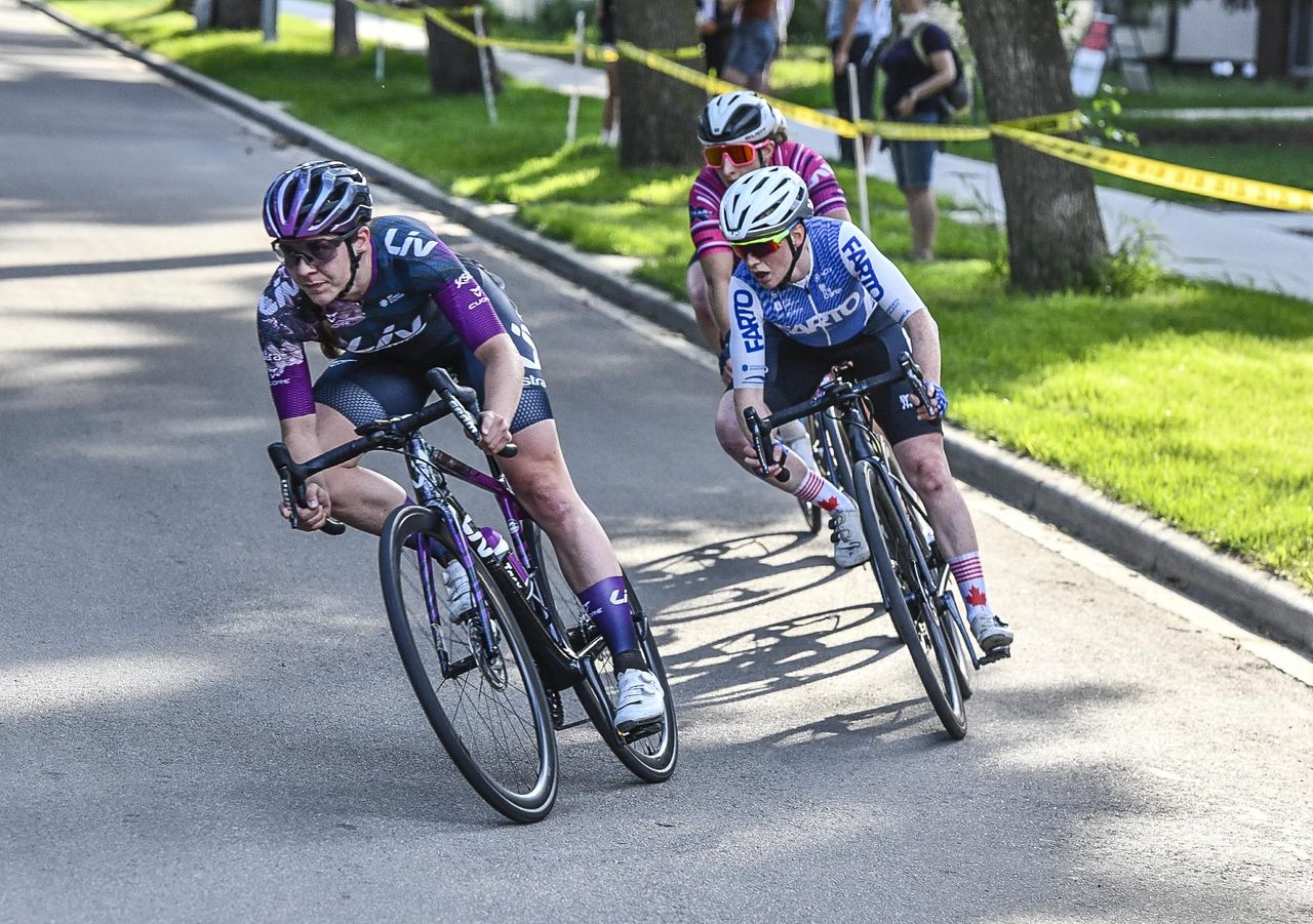 Alison Jackson (Liv Racing Xstra) leading Marie-Soleil Blais (Team Farto-BTC) and Maggie Coles-Lyster (DNA Pro Cycling)