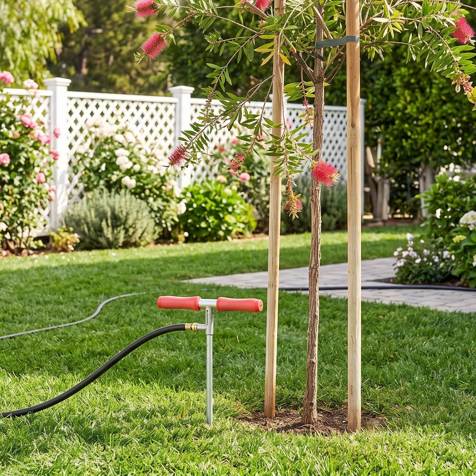 A root irrigator next to a newly planted tree in a backyard