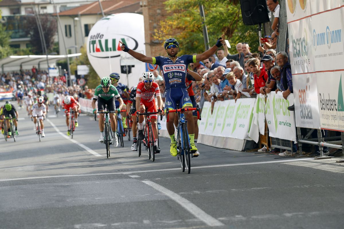 Andrea Pasqualon (Wanty-Groupe Gobert) celebrates victory in Peccioli.