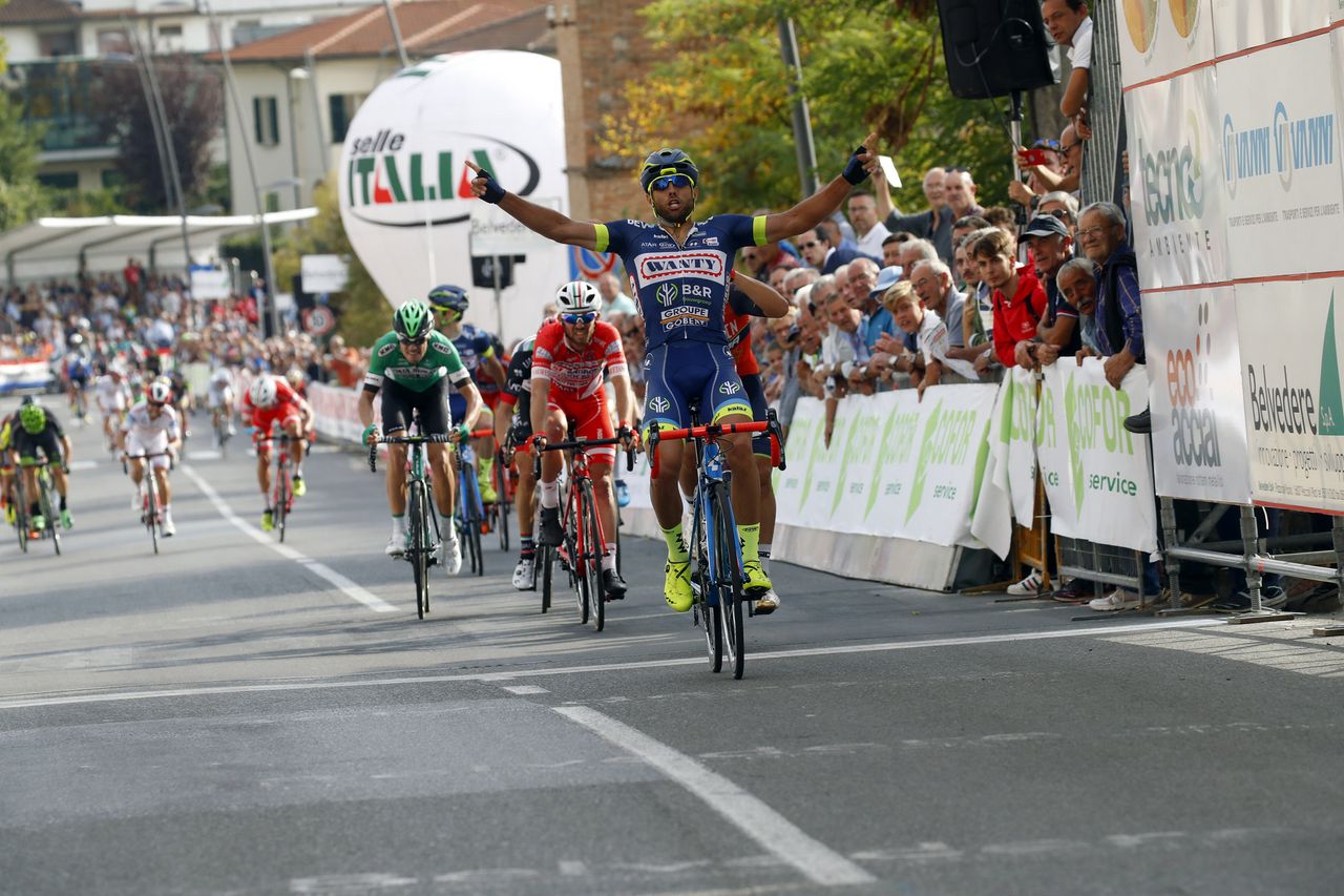Andrea Pasqualon (Wanty-Groupe Gobert) celebrates victory in Peccioli.