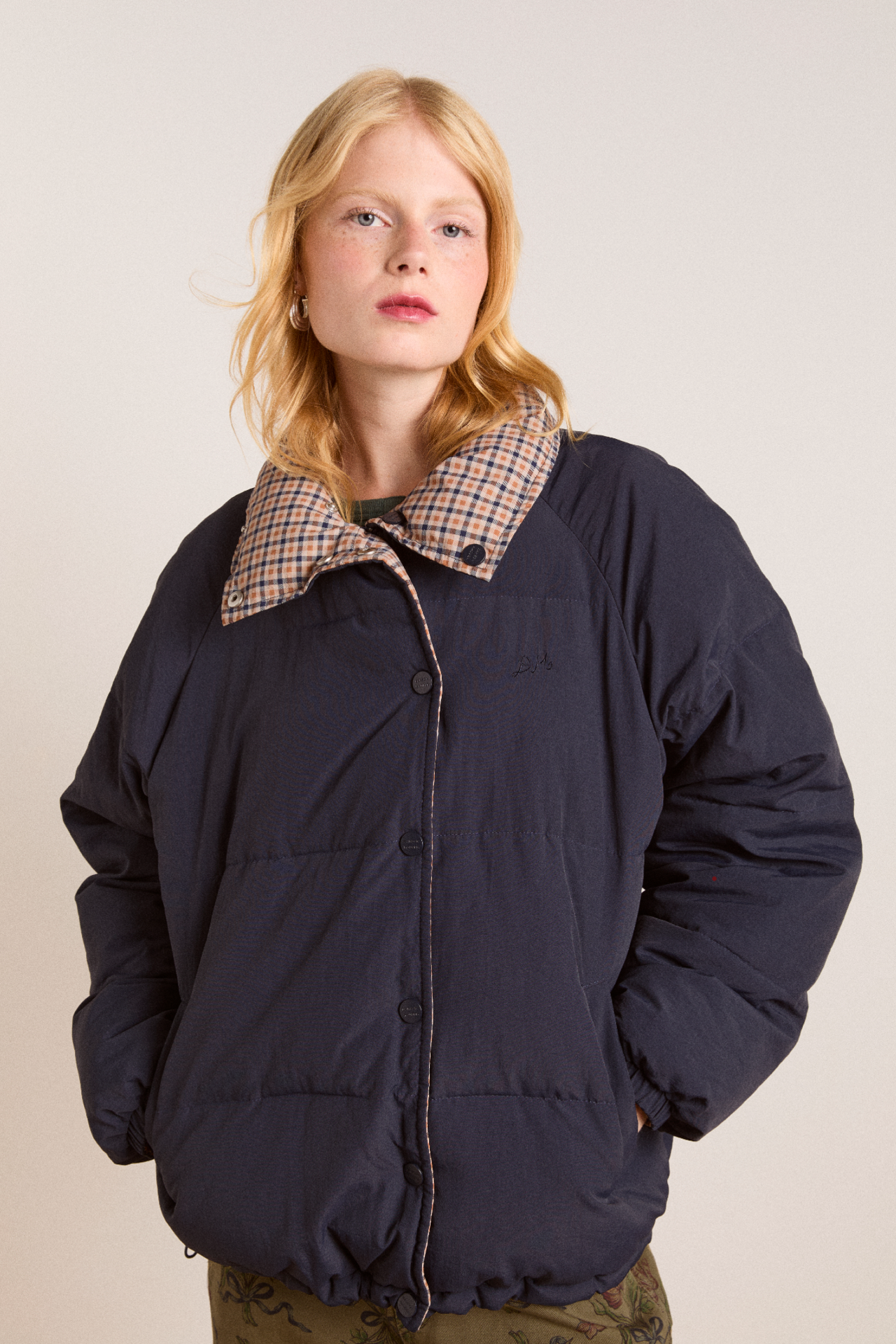 Reversible Opal Puffer - Navy &amp;amp; Check