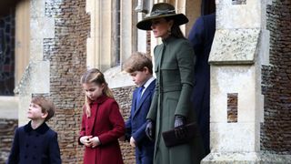 Princess Charlotte of Wales, Prince George of Wales, Prince Louis of Wales and Catherine, Princess of Wales, after the Christmas Day service at Sandringham Church on December 25, 2022 in Sandringham, Norfolk