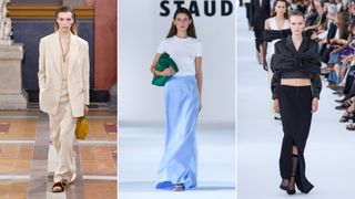 Floor-grazing slip skirts on the SS24 runways of Valentino, Staud, and Givenchy