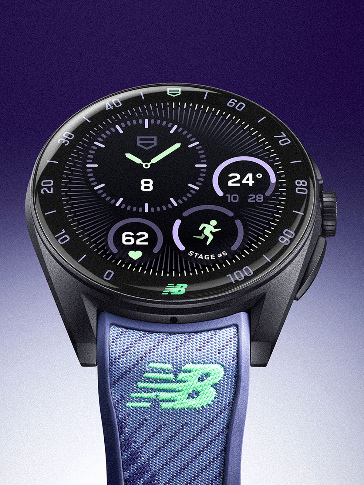 A close up photo of the TAG Heuer Connected Calibre E5 40MM x New Balance Edition watch.
