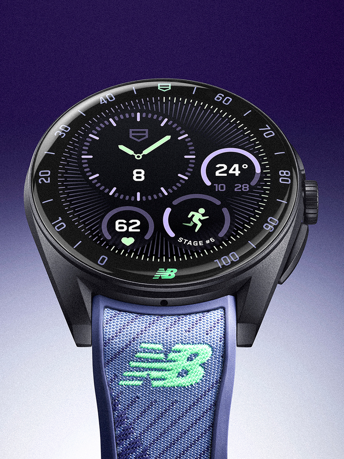 A close up photo of the TAG Heuer Connected Calibre E5 40MM x New Balance Edition watch.