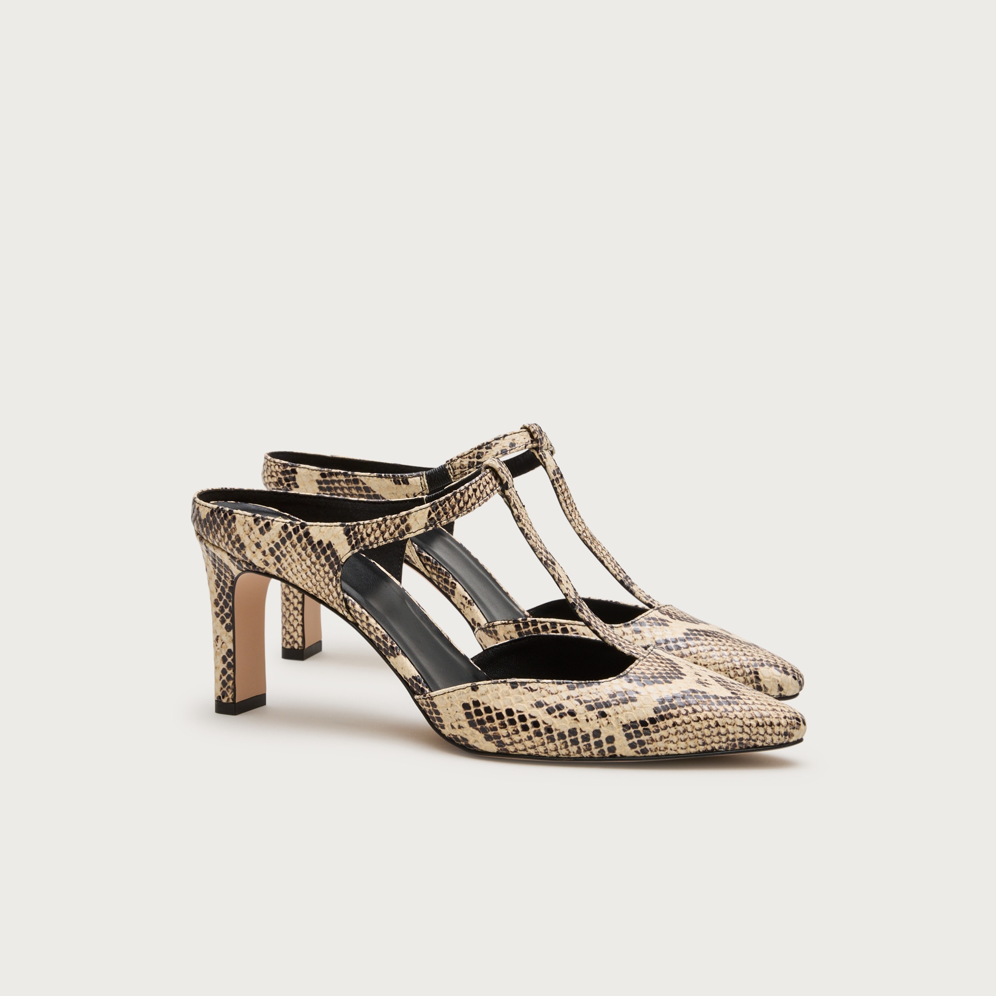 Made-In-Italy T-Strap Pumps in Snake-Embossed Leather