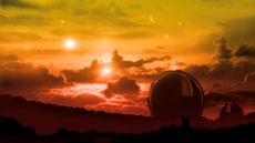 Artist concept of an alien planet. In this image is feels like you're standing on a mountain, looking over the top of the clouds as the sun sets in the background. There are several stars and planets just visible in the sky. There are also two sphere-shaped buildings to the right. 