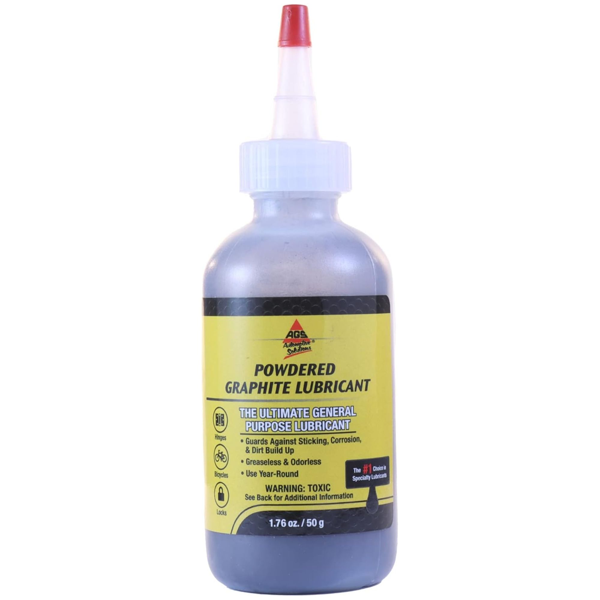 A clear plastic bottle of powdered graphite lubricant with a yellow label