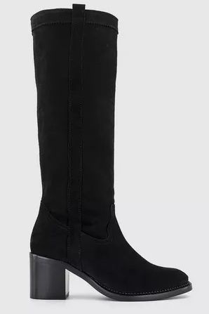 Office Heeled Knee High Boots Black Suede