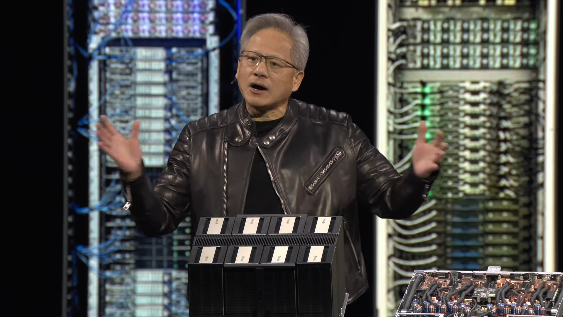Nvidia&#039;s Jen-Hsun Huang on stage during the GTC 2025 keynote