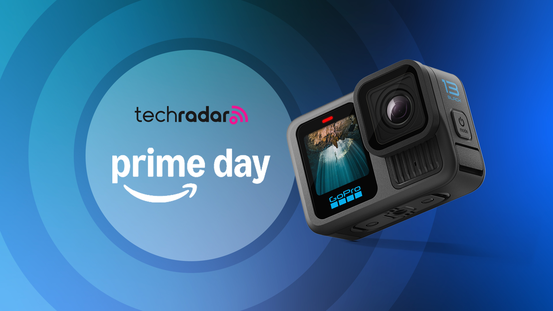 GoPro Hero 13 Black on a blue background with TechRadar Prime Day text overlay