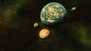 "The Quad," is a planetary system with 3 moons. Social and economic differences between the four worlds is causing political unrest in the system.