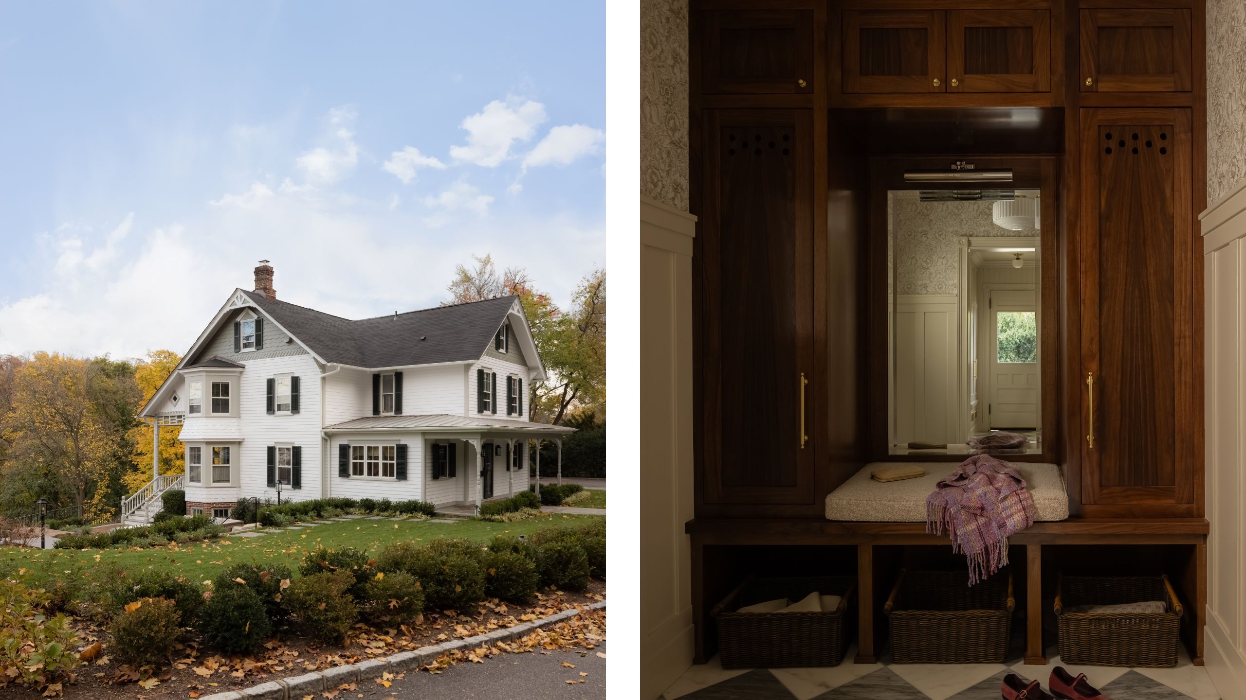 two side by side images of the exterior of a historic home on a hill next to an email of a hallway storage with walnut cabinetry