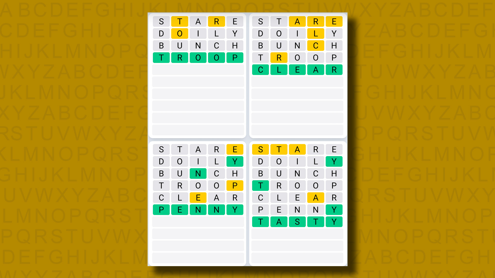 Quordle Daily Sequence Answers for Game 904 on a yellow background