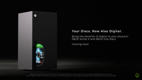 An Xbox on a black background with a Gears 5 game disc sticking out of the disc drive. A caption to the right reads "Your Discs. Also now Digital. Bring the benefits of digital to your physical XBOX Series X and XBOX One discs. Coming soon."
