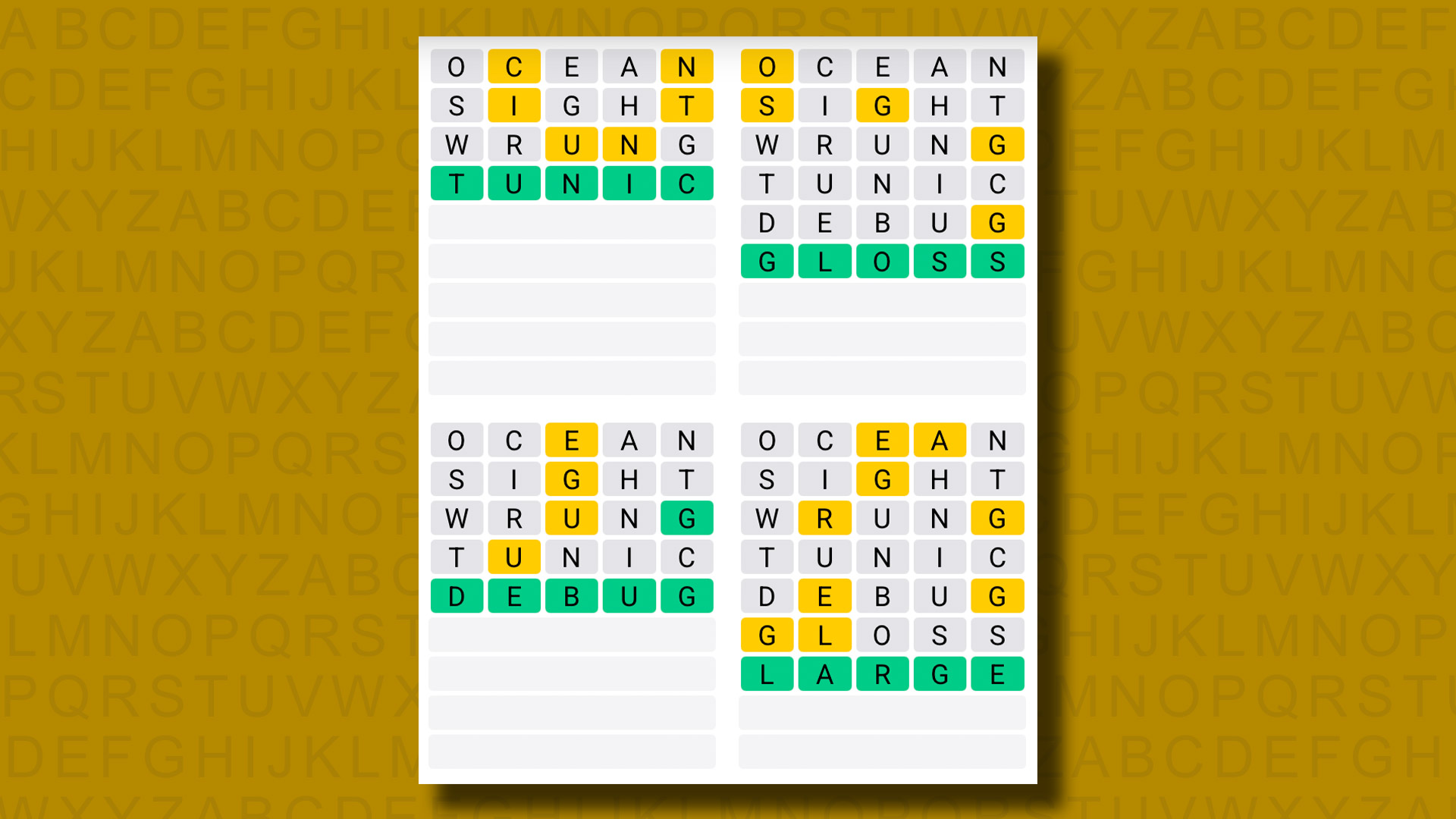 Quordle answers for game 1133 on a yellow background